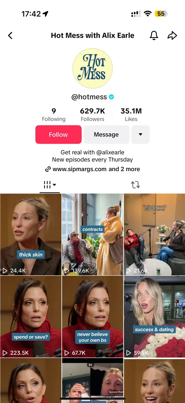 TikTok profile for the "Hot Mess with Alix Earle" podcast showing 629.7K followers and a grid of video clips