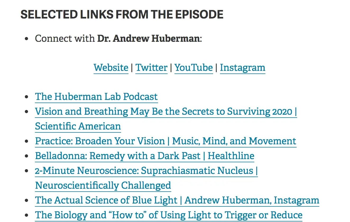 "SELECTED LINKS FROM THE EPISODE" section listing Dr. Andrew Huberman's Website, Twitter, YouTube, and Instagram plus reference links