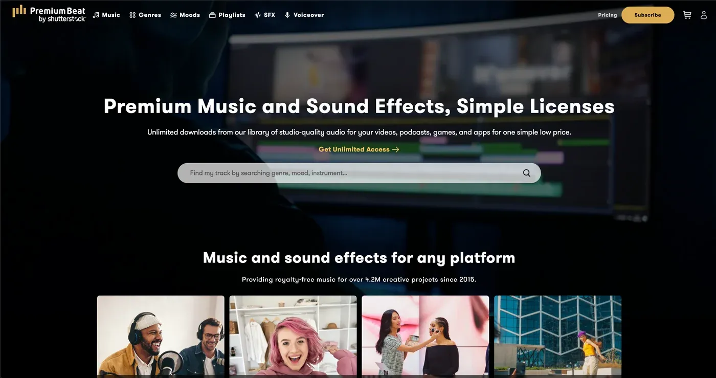 PremiumBeat by Shutterstock homepage headlined "Premium Music and Sound Effects, Simple Licenses" with a track search bar.