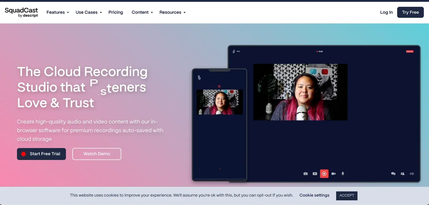 SquadCast by Descript homepage headlined "The Cloud Recording Studio that Listeners Love & Trust" over a recording session.