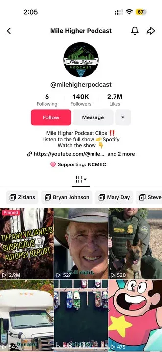 Mile Higher Podcast TikTok profile @milehigherpodcast with 140K followers and a grid of video clips