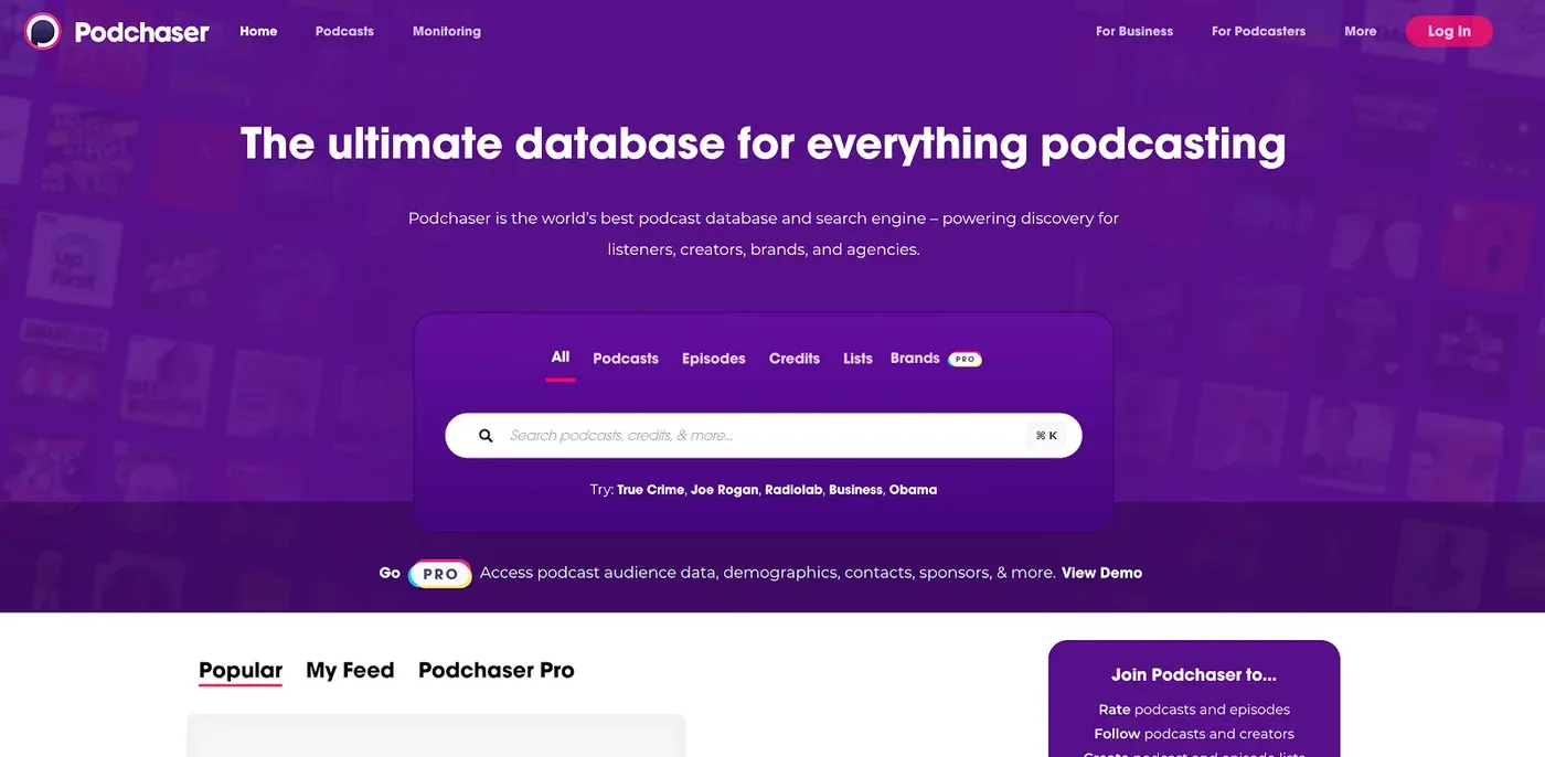 Podchaser homepage headline "The ultimate database for everything podcasting" above a white search bar on purple