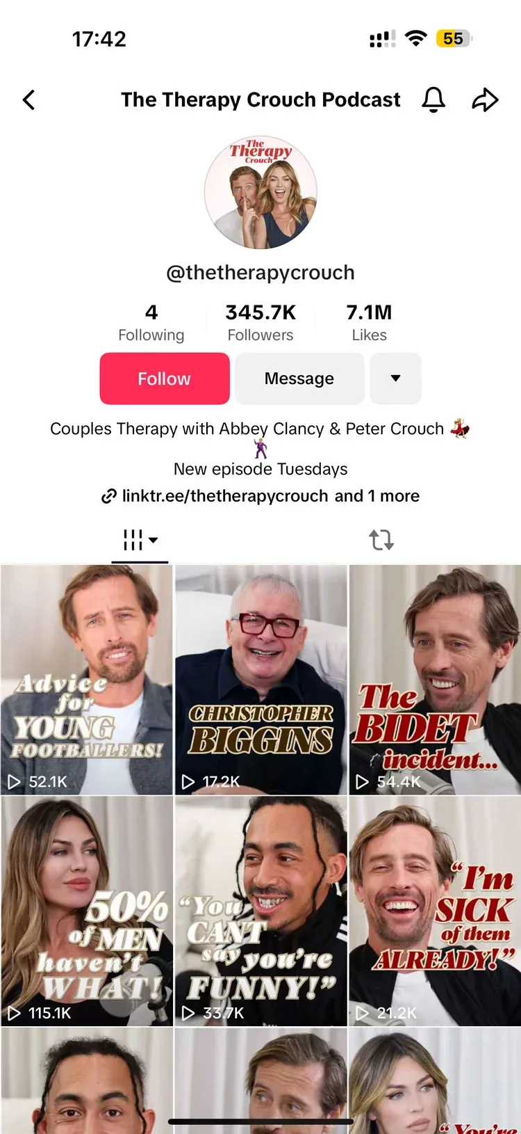 TikTok profile for The Therapy Crouch Podcast @thetherapycrouch showing 345.7K followers and a video grid
