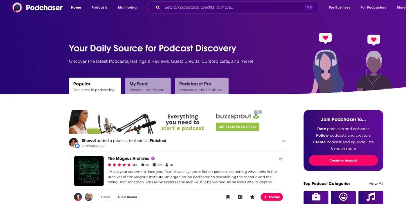 Podchaser homepage headed "Your Daily Source for Podcast Discovery" with a Popular feed and a Create an Account button