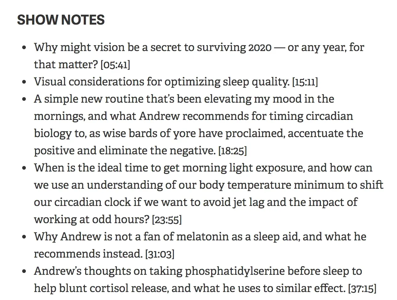 "SHOW NOTES" heading above a bulleted list of episode topics with timestamps like [05:41] and [18:25]
