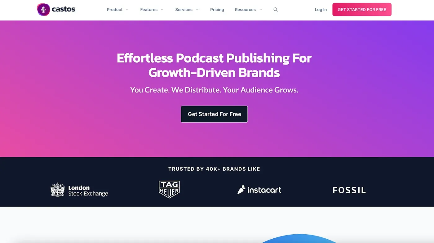 Castos homepage with the headline 'Effortless Podcast Publishing For Growth-Driven Brands' and a trusted-brands logo band including London Stock Exchange and Instacart