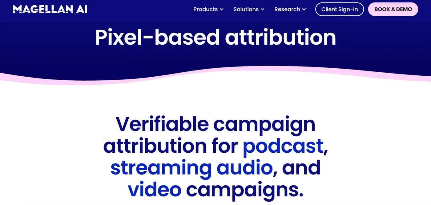 Magellan AI "Pixel-based attribution" page with tagline "Verifiable campaign attribution for podcast, streaming audio, and video campaigns."
