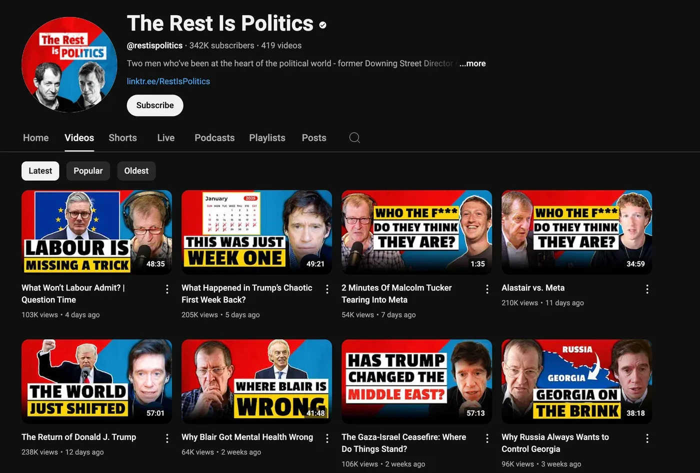 "The Rest Is Politics" YouTube channel page with a grid of bold red, blue and yellow video thumbnails.