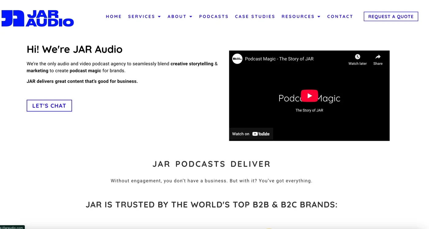 JAR Audio homepage headlined "Hi! We're JAR Audio" with a "Podcast Magic - The Story of JAR" video and nav bar