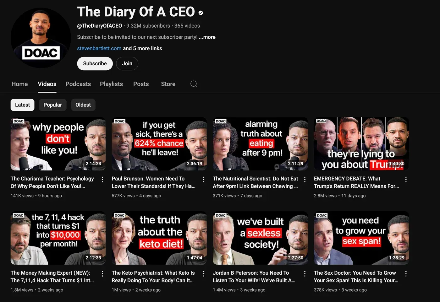 "The Diary Of A CEO" YouTube channel Videos tab showing a grid of DOAC podcast thumbnails with bold red-highlighted text
