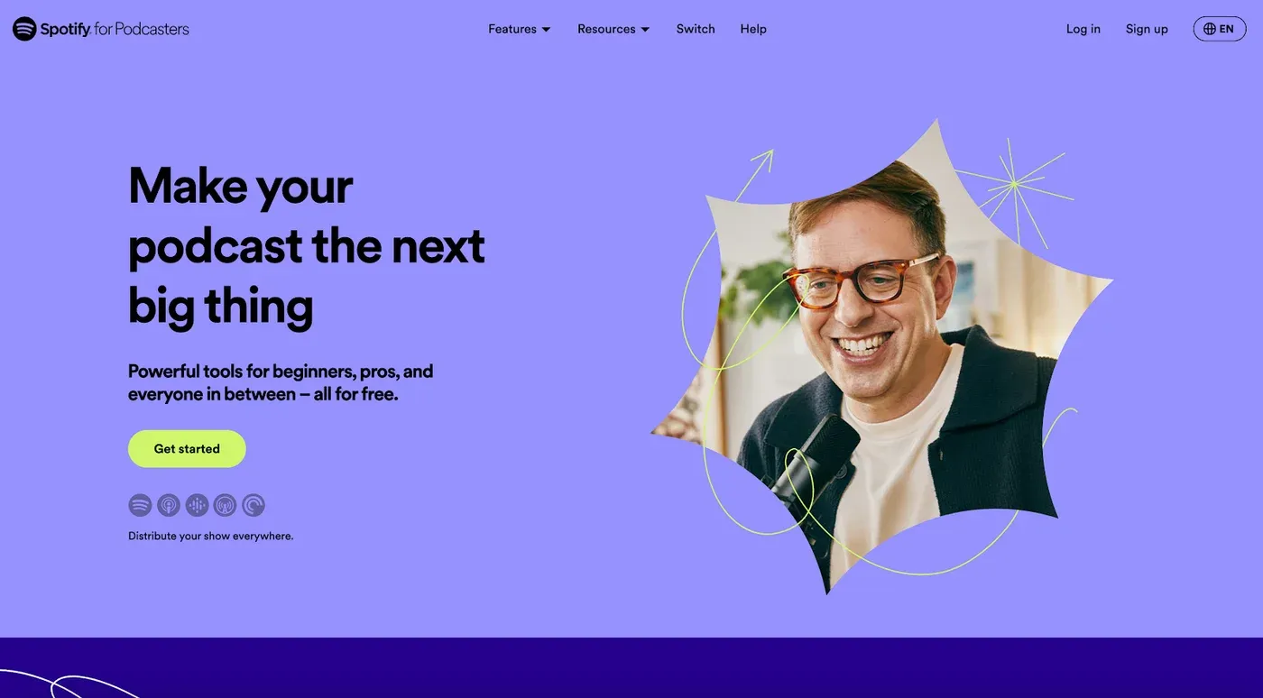 Spotify for Podcasters homepage with the headline 'Make your podcast the next big thing' and a star-shaped photo of a podcaster at a microphone