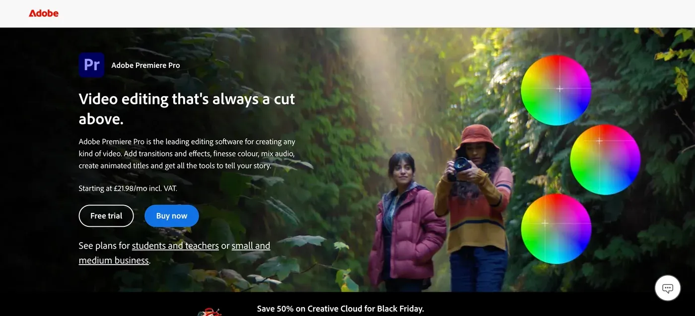 Adobe Premiere Pro landing page headed "Video editing that's always a cut above." with Free trial and Buy now buttons