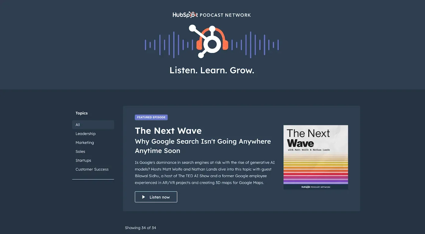 HubSpot Podcast Network page headed "Listen. Learn. Grow." featuring "The Next Wave" as the featured episode