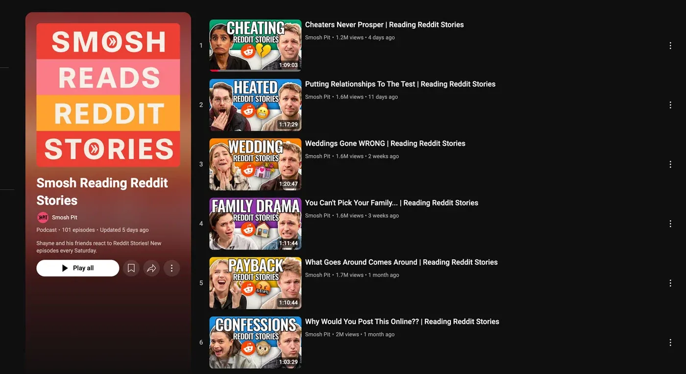 YouTube playlist page for "Smosh Reading Reddit Stories" by Smosh Pit, listing episodes like Cheaters Never Prosper.