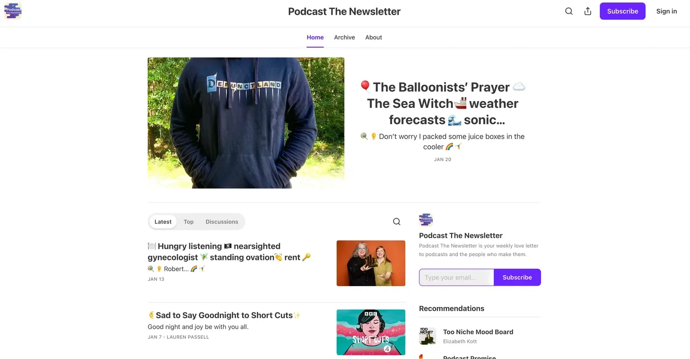 The Podcast The Newsletter homepage on Substack, showing recent issues with playful emoji-filled headlines