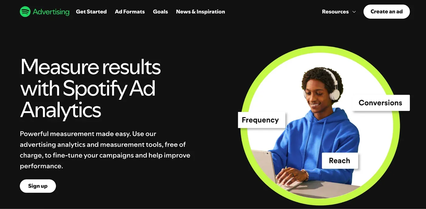 Spotify Advertising page headlined "Measure results with Spotify Ad Analytics" with Frequency, Conversions and Reach tags