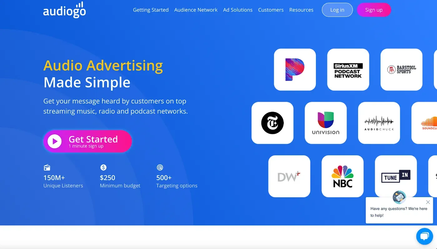 AudioGo homepage headlined "Audio Advertising Made Simple" with network logos like SiriusXM, NBC and TuneIn
