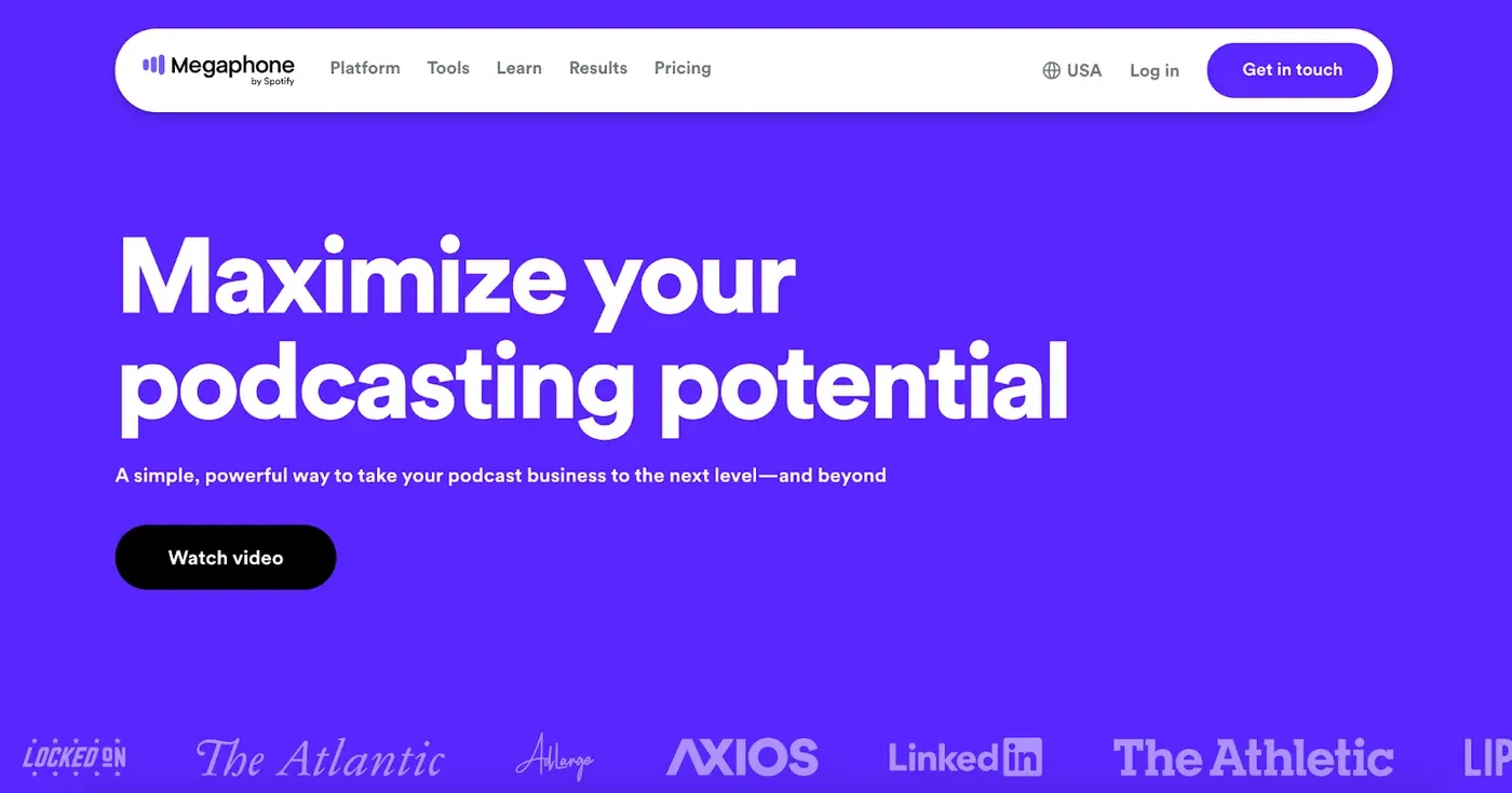 Megaphone by Spotify homepage headline "Maximize your podcasting potential" on a purple background