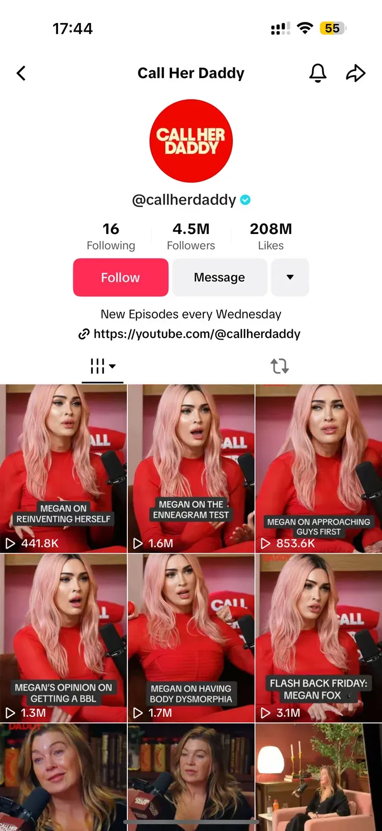 Call Her Daddy TikTok profile with 4.5M followers showing a grid of Megan Fox interview clips