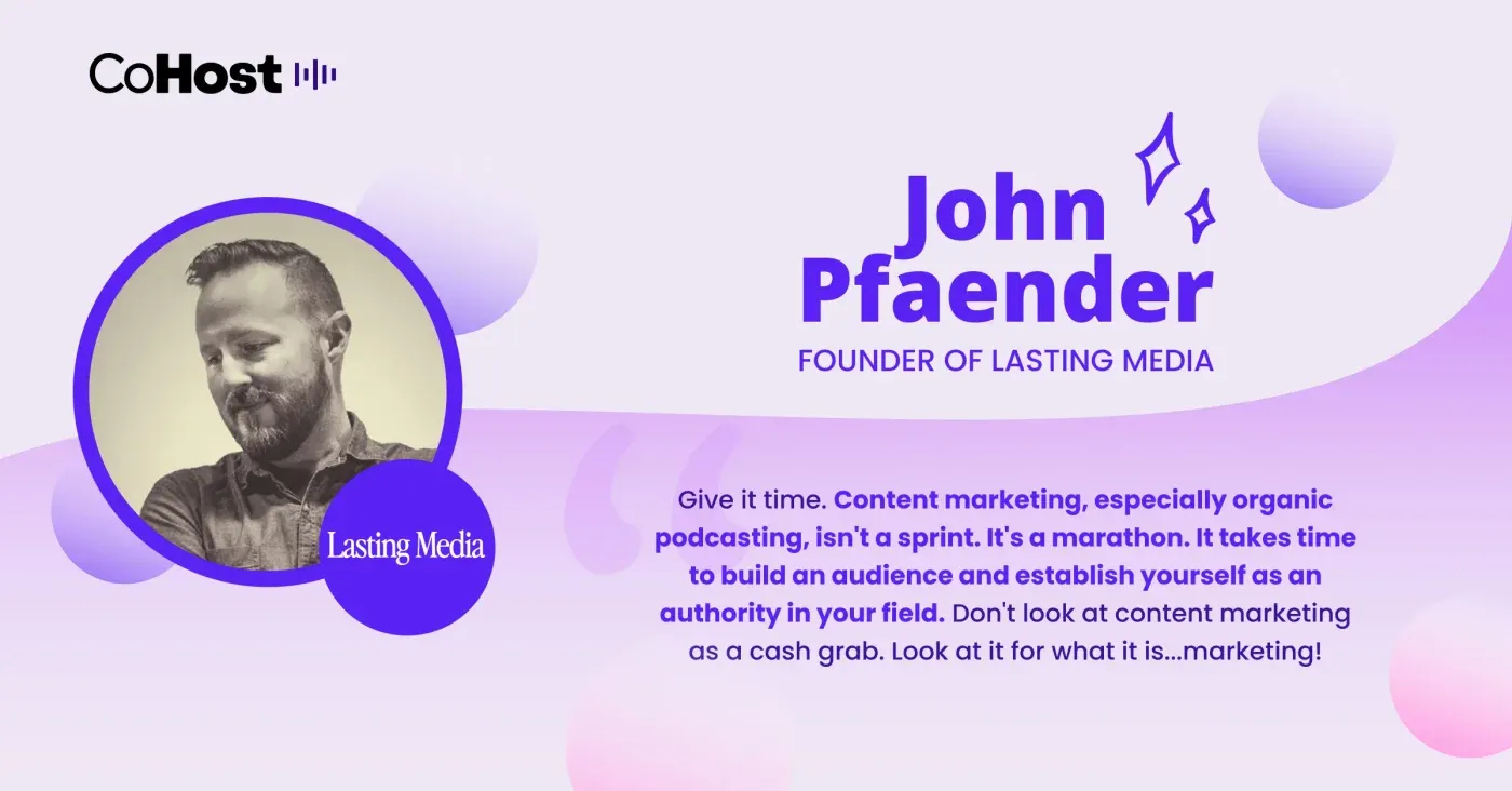 CoHost quote card for "John Pfaender, Founder of Lasting Media" with his black-and-white photo and a content marketing quote