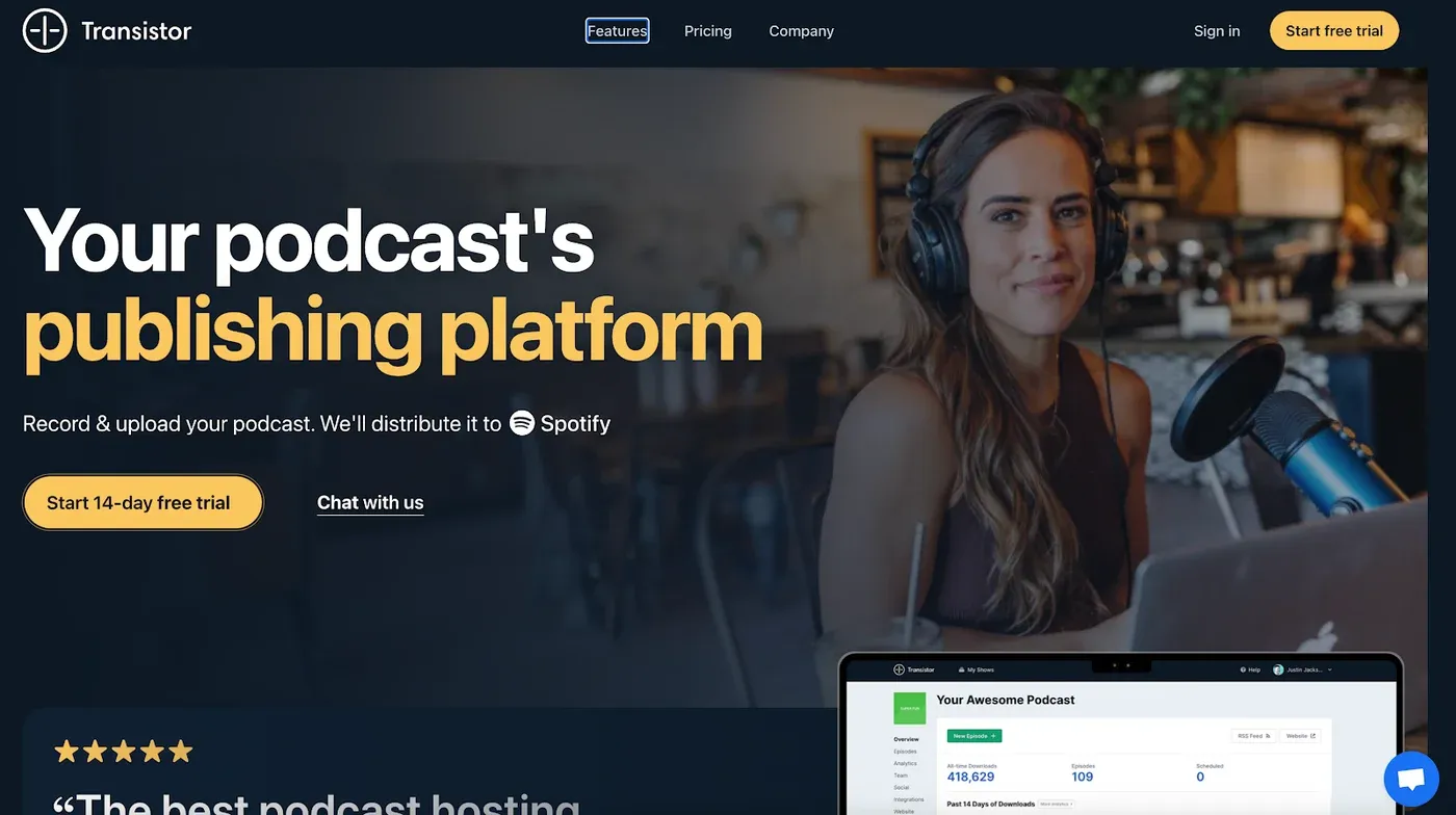 Transistor homepage with the headline 'Your podcast's publishing platform,' a podcaster at a microphone, and a laptop showing a downloads dashboard