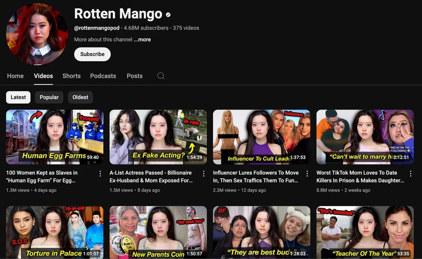 "Rotten Mango" YouTube channel page with 4.68M subscribers showing a grid of true-crime video thumbnails.