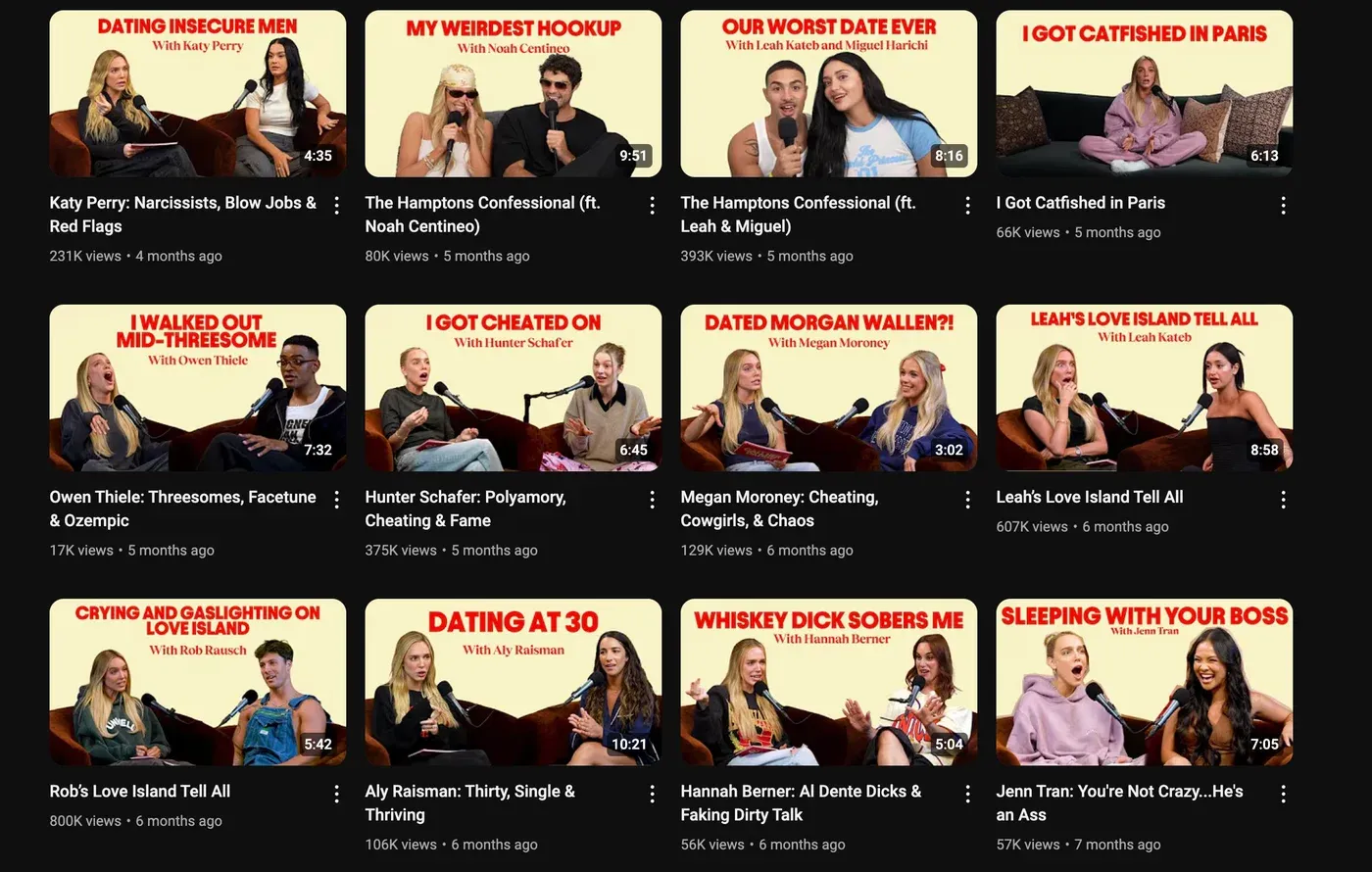 YouTube video grid of podcast thumbnails with red text titles like "Dating Insecure Men" over guests holding microphones on a couch.