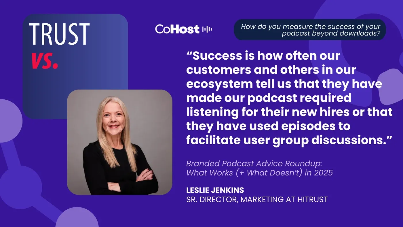 "TRUST vs." quote card featuring Leslie Jenkins, Sr. Director, Marketing at HiTrust, with her headshot on CoHost purple.