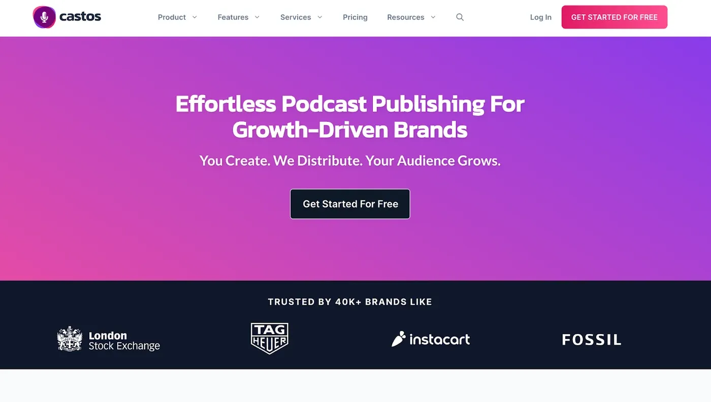 Castos homepage headline "Effortless Podcast Publishing For Growth-Driven Brands" over a pink-purple gradient.