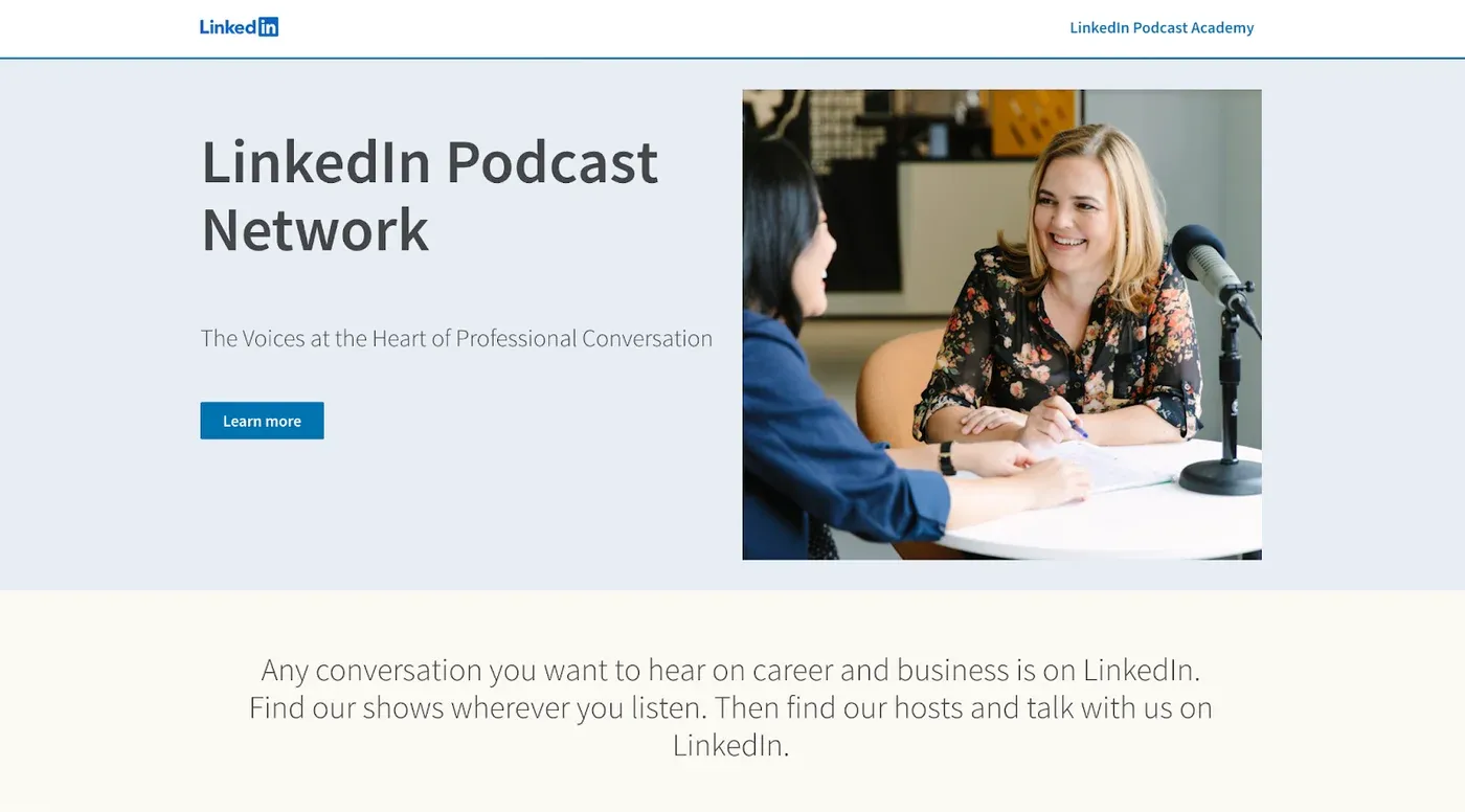 "LinkedIn Podcast Network" landing page with two women recording at a mic beside the LinkedIn logo