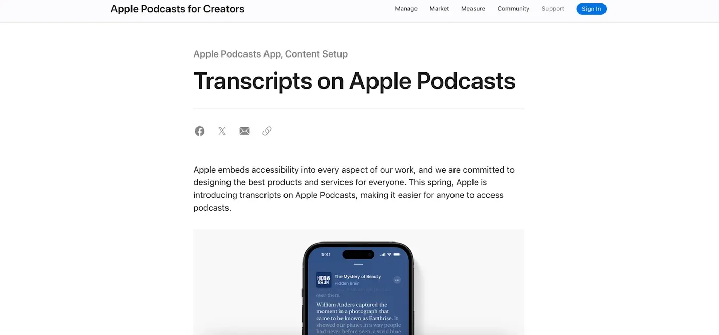 Apple Podcasts for Creators page titled "Transcripts on Apple Podcasts" with a phone showing a Hidden Brain transcript