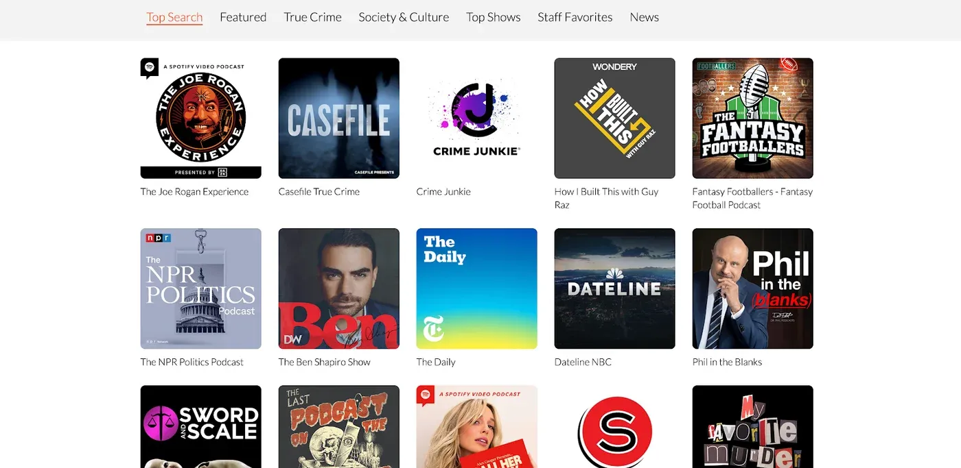 Podcast directory grid under a "Top Search" tab showing The Joe Rogan Experience, Casefile, Crime Junkie and more