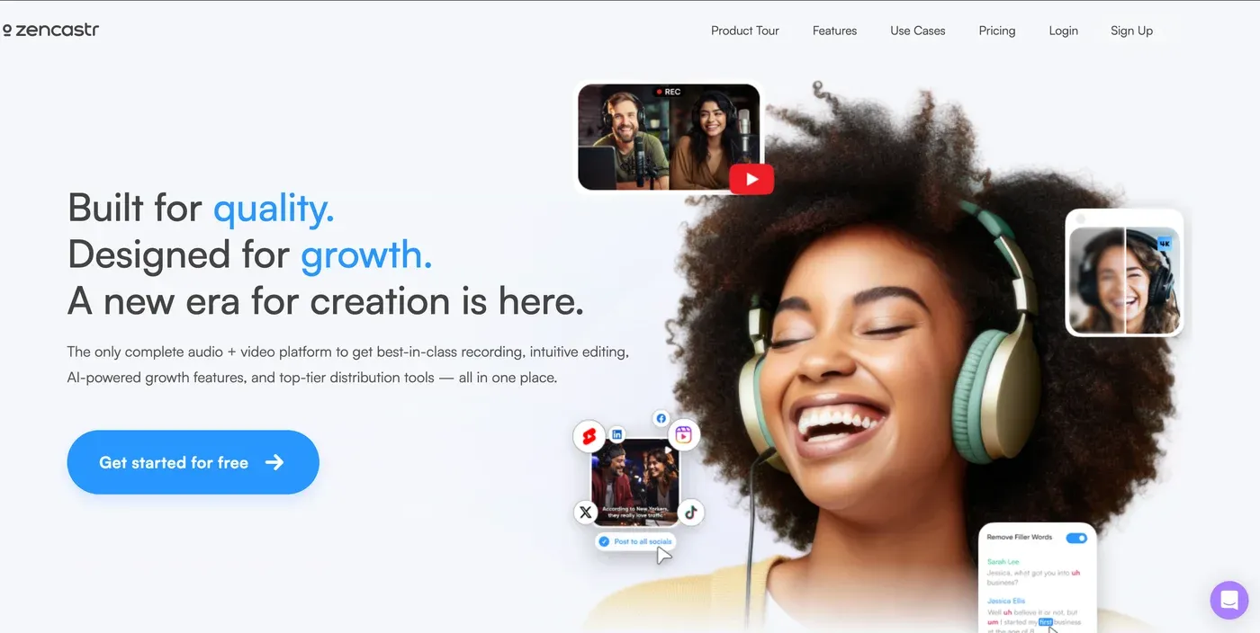 Zencastr homepage headline "Built for quality. Designed for growth. A new era for creation is here." beside a smiling woman in headphones