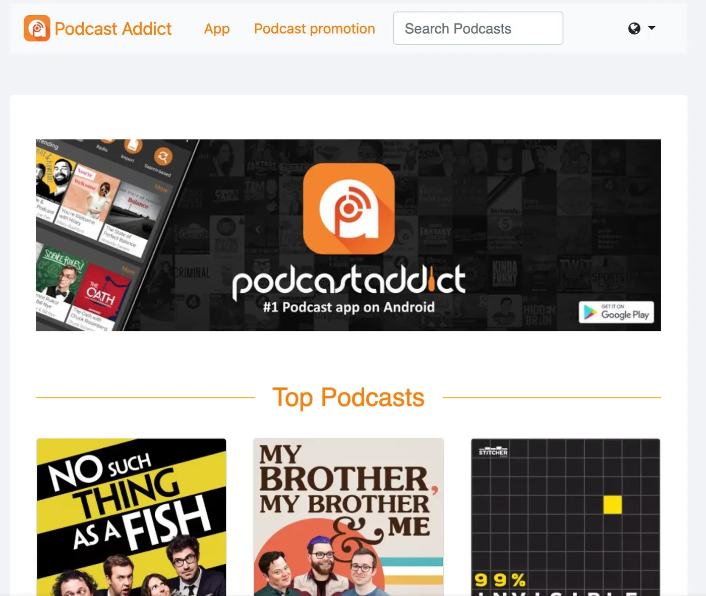 Podcast Addict website banner reading "#1 Podcast app on Android" above a Top Podcasts row of cover art