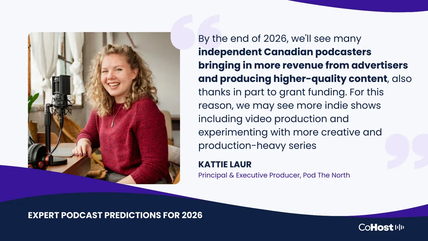 Kattie Laur, Principal & Executive Producer at Pod The North, beside her 2026 prediction quote card