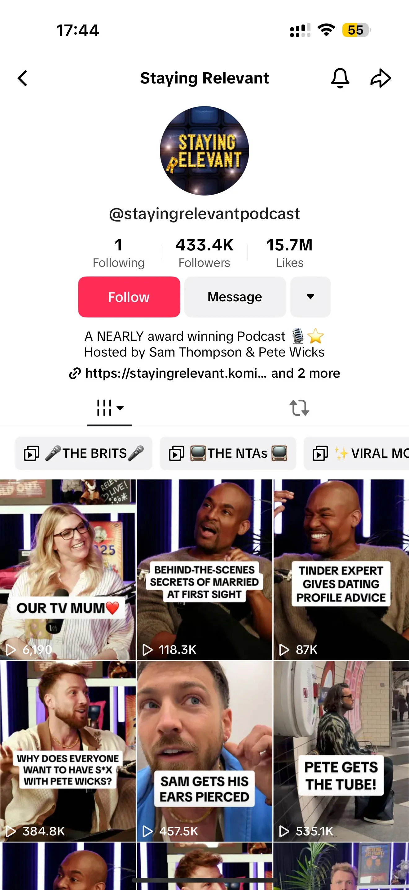 TikTok profile for "Staying Relevant" podcast showing 433.4K followers, 15.7M likes, and a grid of video thumbnails