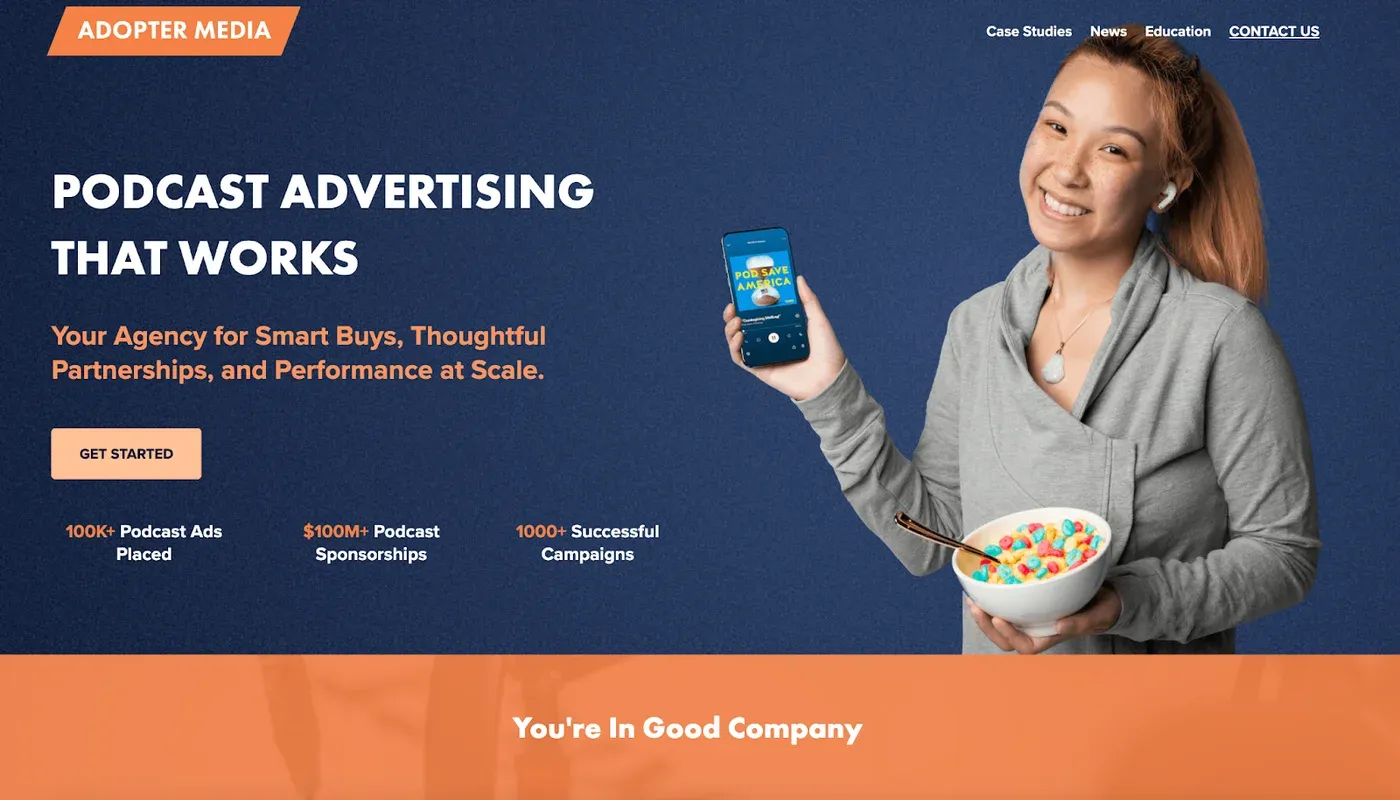 ADOPTER Media homepage headed "PODCAST ADVERTISING THAT WORKS" beside a smiling woman holding a phone and cereal bowl