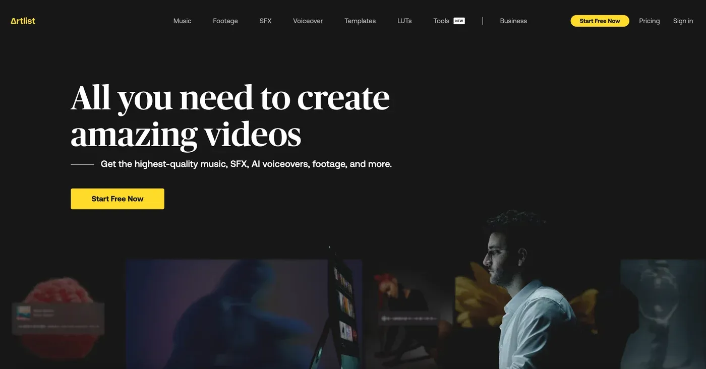 Artlist homepage with the headline "All you need to create amazing videos" and a Start Free Now button