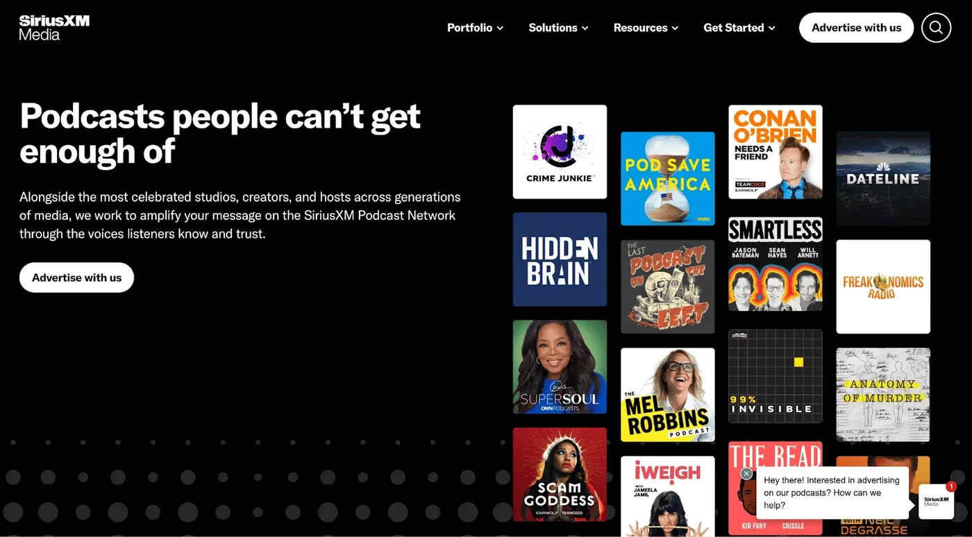 SiriusXM Media page headlined "Podcasts people can't get enough of" with a grid of show cover art