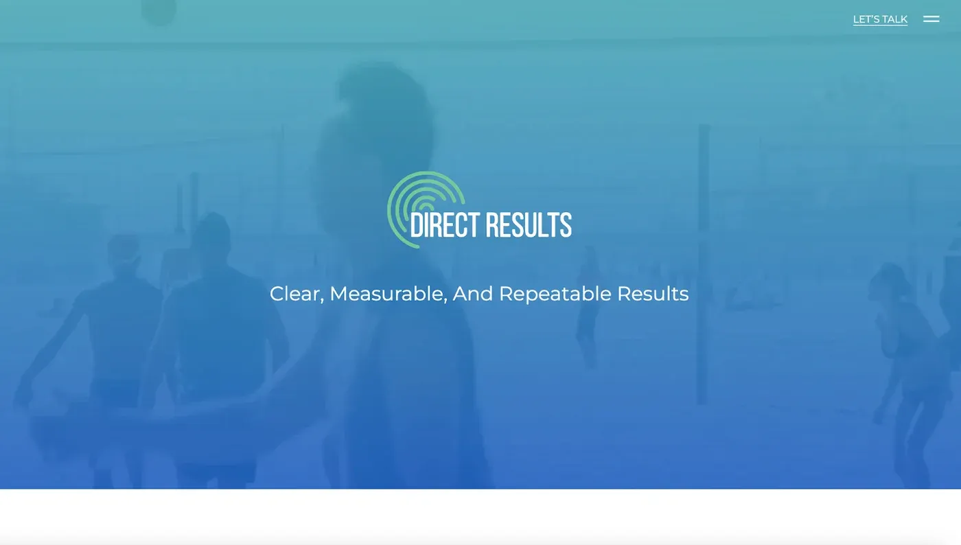 Direct Results homepage hero with the tagline "Clear, Measurable, And Repeatable Results" over a blue beach scene.