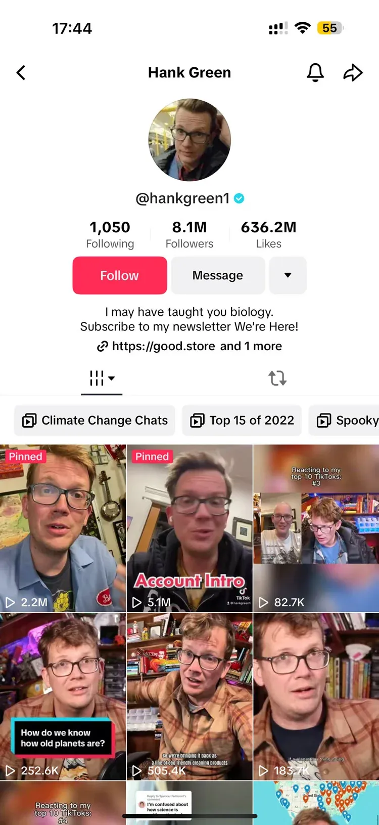 Hank Green's verified TikTok profile @hankgreen1 showing 8.1M followers and a grid of pinned videos