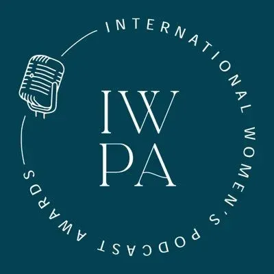 "IWPA" logo with a vintage microphone and "INTERNATIONAL WOMEN'S PODCAST AWARDS" circling it on dark teal