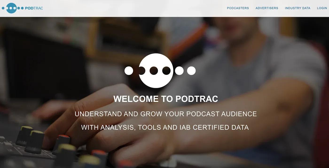 Podtrac homepage welcoming visitors with 'Understand and grow your podcast audience with analysis, tools and IAB certified data' over a photo of hands at a mixing board