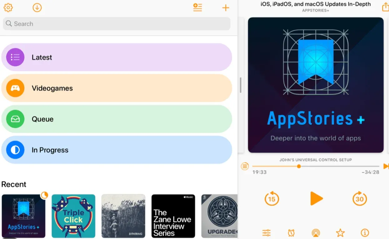 Overcast podcast app showing a sidebar with Latest, Videogames, Queue playlists beside an AppStories+ episode player