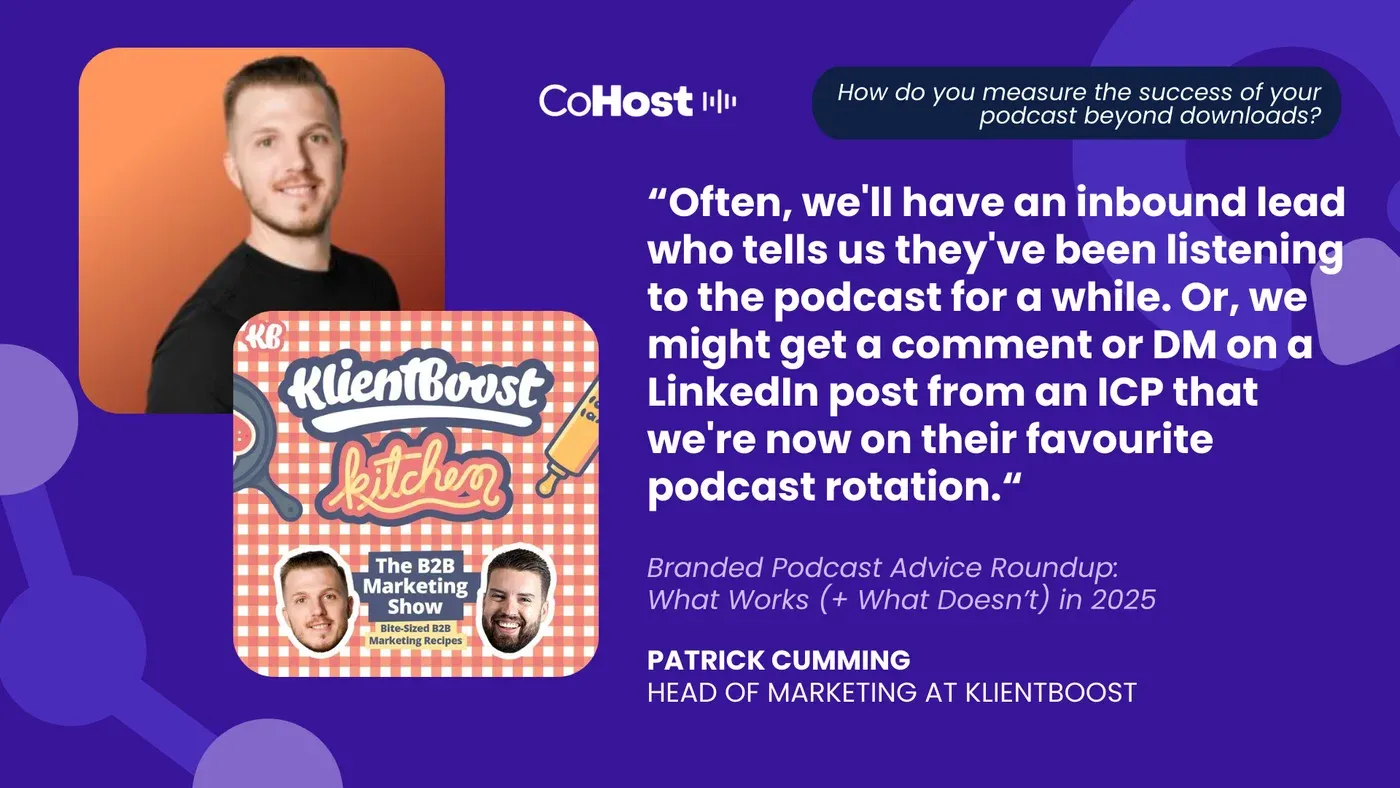 Patrick Cumming, Head of Marketing at KlientBoost, quote card with the KlientBoost Kitchen podcast cover