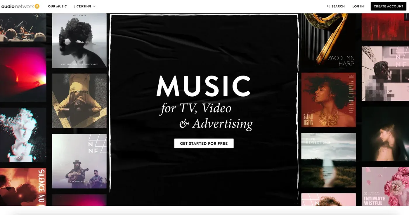 Audio Network homepage headline "Music for TV, Video & Advertising" over a grid of album art tiles
