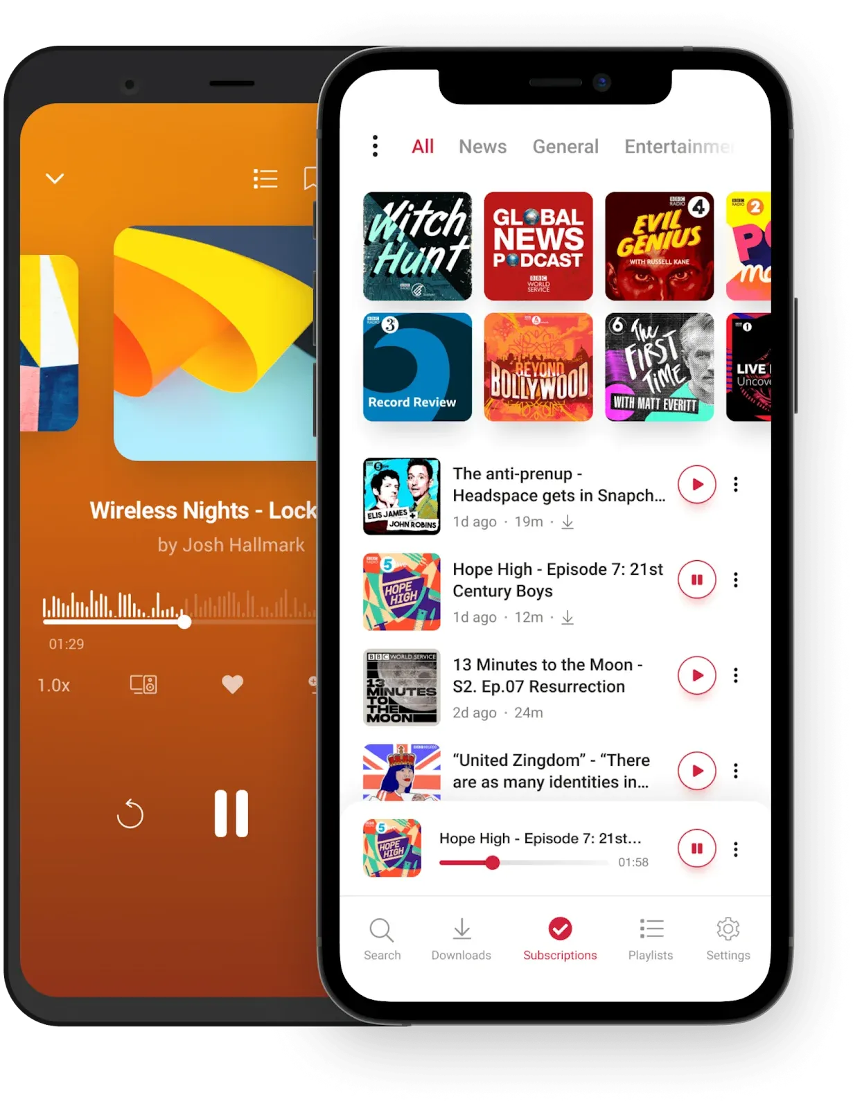 Two phones showing the Player FM app with an orange now-playing screen and a subscriptions feed of podcast episodes.
