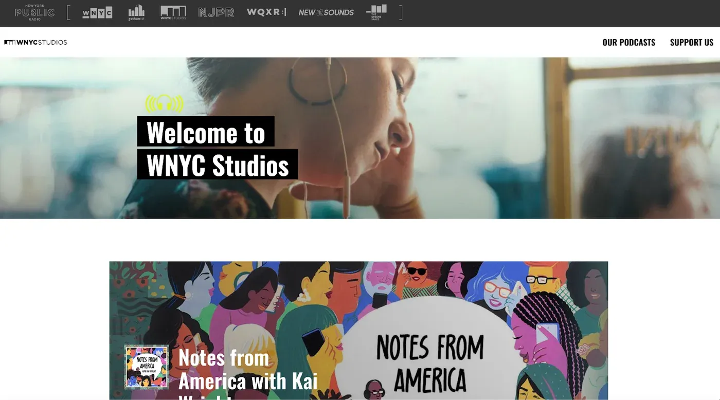 WNYC Studios homepage with a "Welcome to WNYC Studios" banner over a listener wearing earbuds