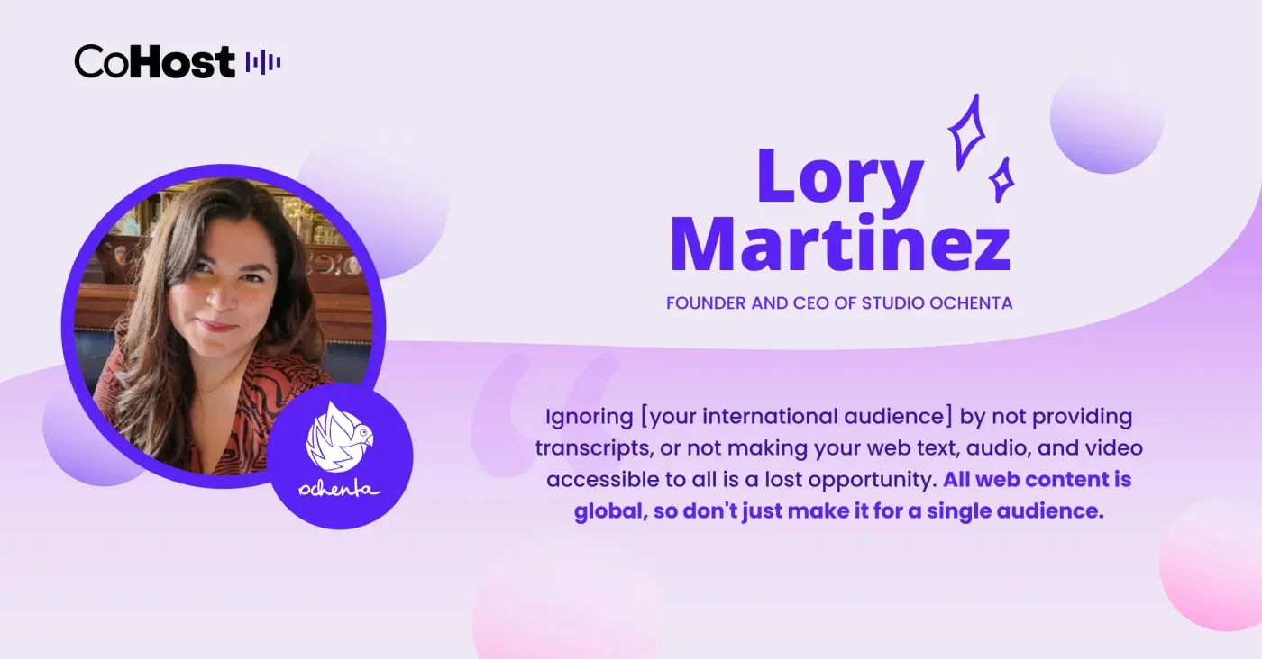 CoHost quote card for "Lory Martinez, Founder and CEO of Studio Ochenta" with her photo and the Ochenta bird logo.