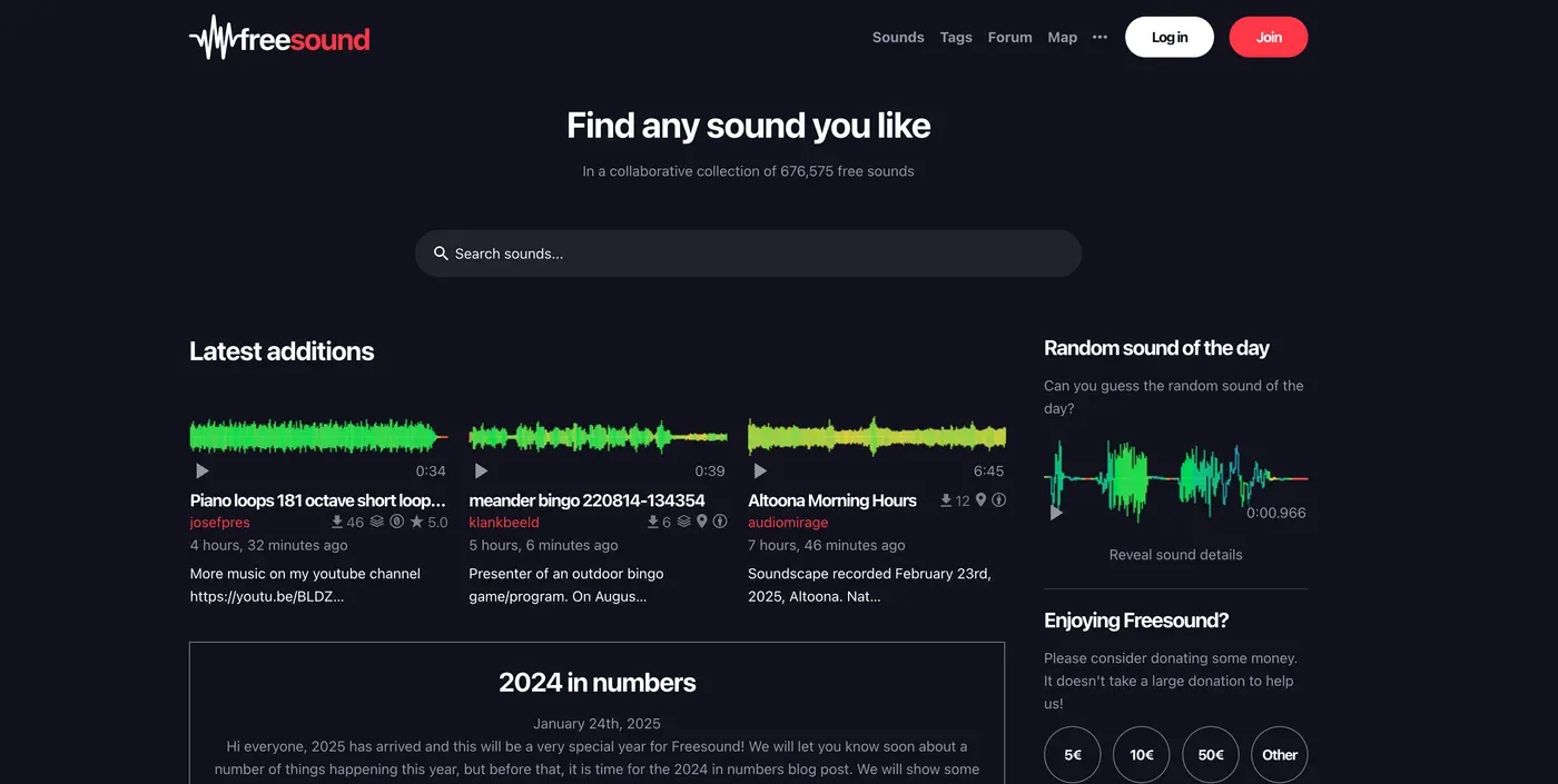 Freesound homepage with the headline "Find any sound you like" above a search bar and green audio waveform clips
